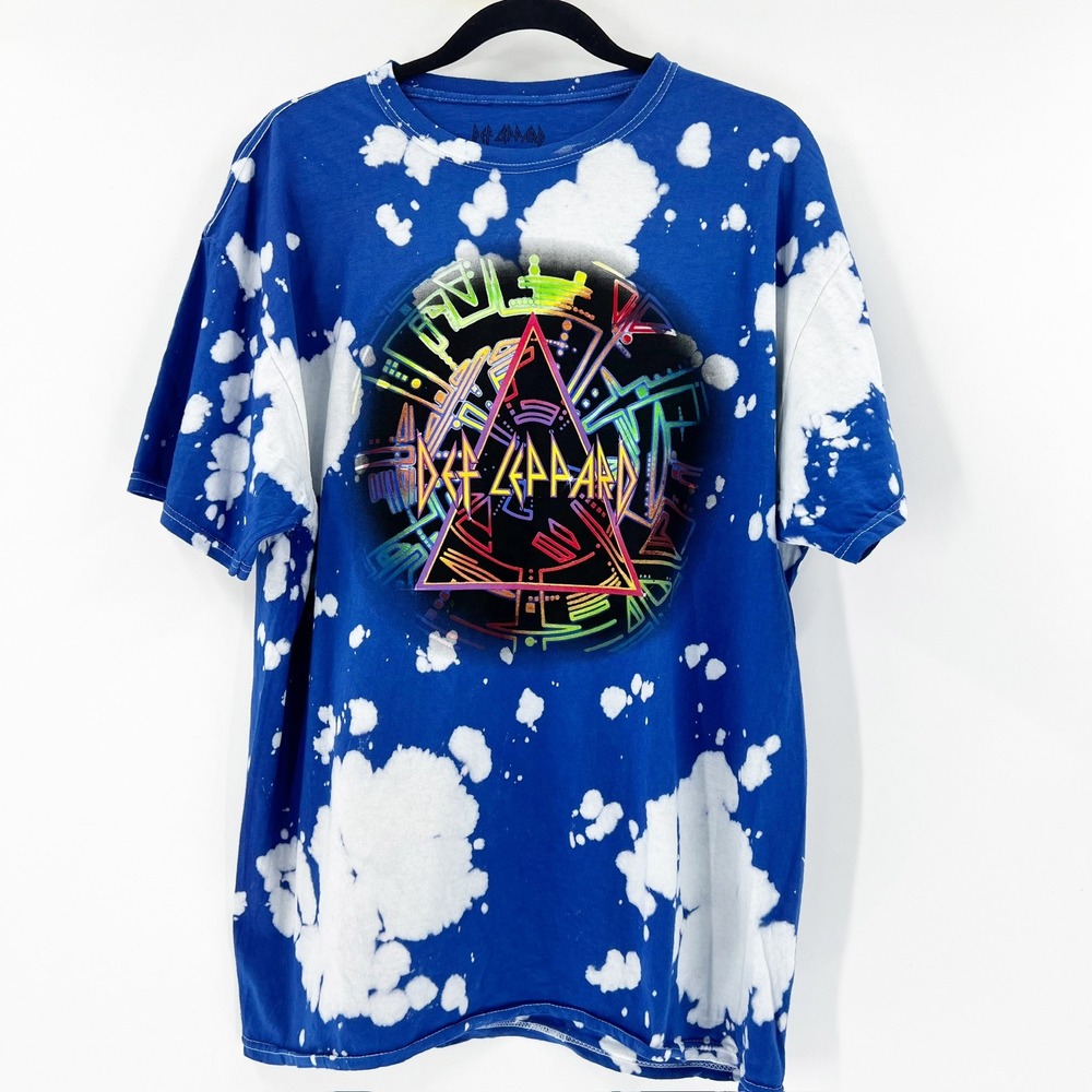 NWOT Def Leppard T Shirt Bleach Splatter Graphic Tee Rock Band‎ Blue Large